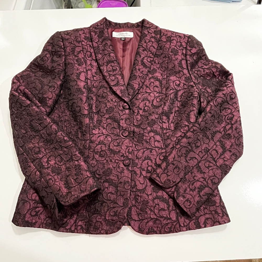 Tahari Blazer Womens 12 Burgundy Floral Jacquard 3-Button Tailored Career 1707 - Picture 12 of 14
